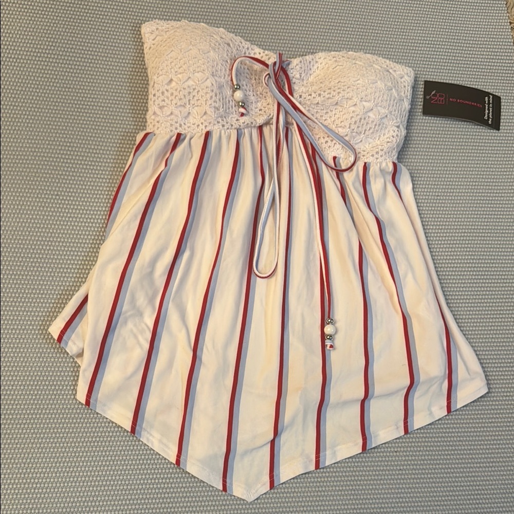 Striped Strapless Top with Crochet Detail